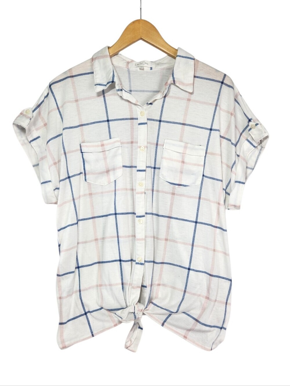 Eden & Olivia Women's XL Plaid Button Front Tie Front Blouse White Blue Pink